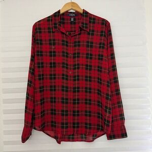 Chaps Womens XL Red Black Plaid Button Down Shirt Long Sleeve Sheer Blouse